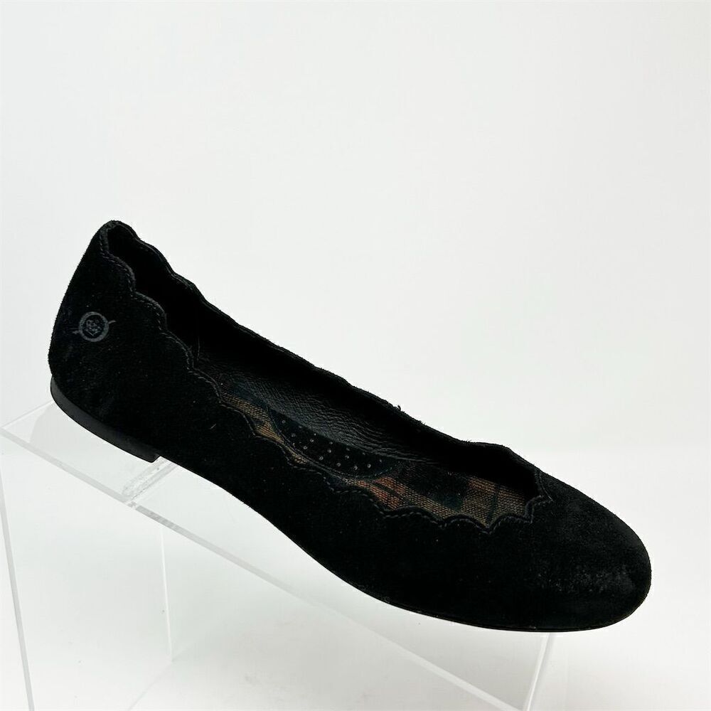 Born Women's Black Suede Scalloped Ballet Flats Casual Slip On Shoes Size 6.5
